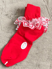 Vtg Girls Pageant Dressy Socks XL Ankle Red Nylon Heart Embroidered Lace Ruffle