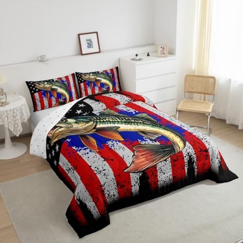 Bass Fish Comforter Sets Size for Boys Kids Teens,American Flag Fish Full Red - Picture 5 of 8
