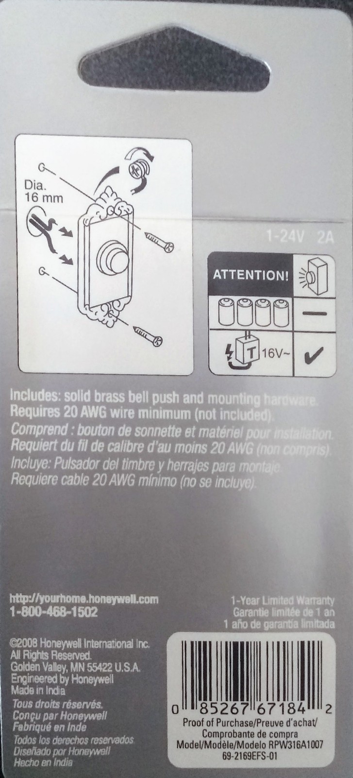 Honeywell RPW316A Brass Wired Illuminated Push Door Bell Button