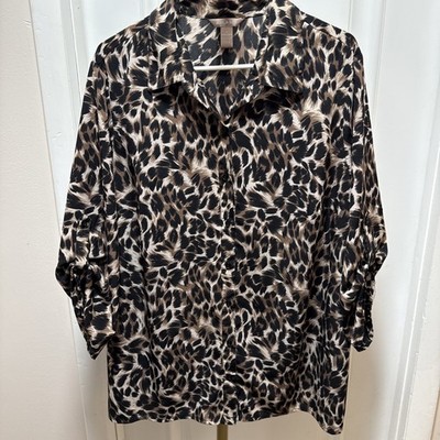 White Stag Women s Animal Print Blouse Tank Attached Sz 2X Roll Tab 3/4 Sleeves