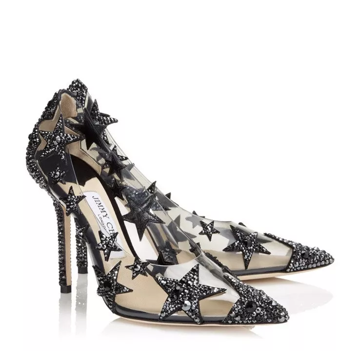 New JIMMY CHOO Lisha 100 Black And Smoke Mix Plexi Star Patchwork