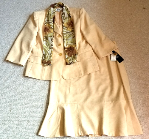 NWT Womens Skirt Suit-LE SUIT-gold 'Tropical Isle' textured peplum w/scarf-16