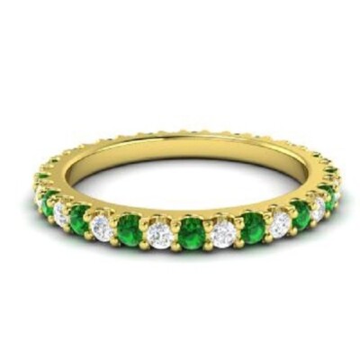 0.72 Ct Natural Round Emerald & Diamond Engagement Eternity Band 14k Yellow Gold