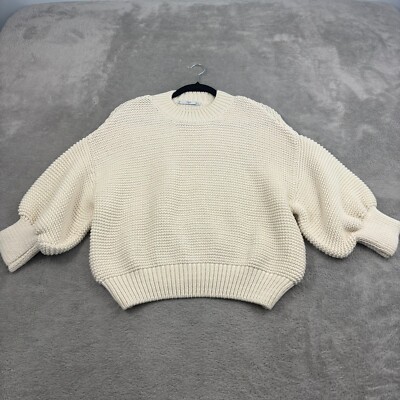 MNG Mango Puff Sleeve Chunky Knit Sweater Womens S Ivory Cotton Preppy Neutral