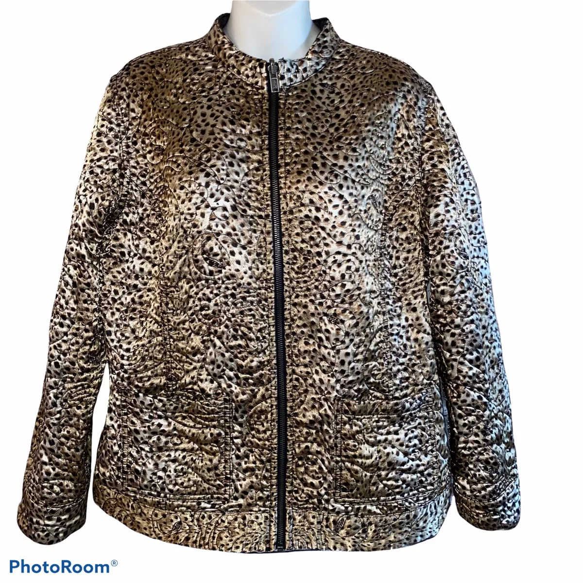 Chicos Reversible Jacket Womens Size L Animal Print Brown Quilted