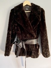 Episode Chocolate Brown Textured Fur Jacket With Leather Belt And Trim Details