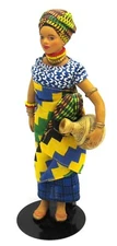 Nice Colorful Dress Native Doll Holding Pot, Headdress, On Stand, About 8"