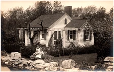 Children at Tiny Cottage Cape Cod Style House New England 1920s RPPC Postcard