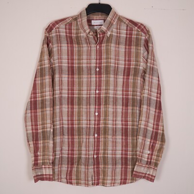 Massimo Dutti Herrenhemd mehrfarbig kariert 100 % Leinen Button Down Kragen Medium