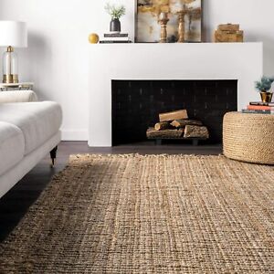 Hand Woven Natural Noor Jute Contemporary Braided Reversible Floor Rug Carpet 
