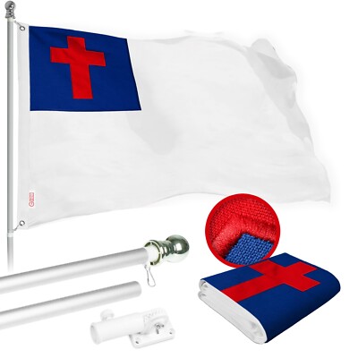 NEW G128 Christian Flag & Flagpole, 6FT Silver Pole and 3x5FT SPUN Flag