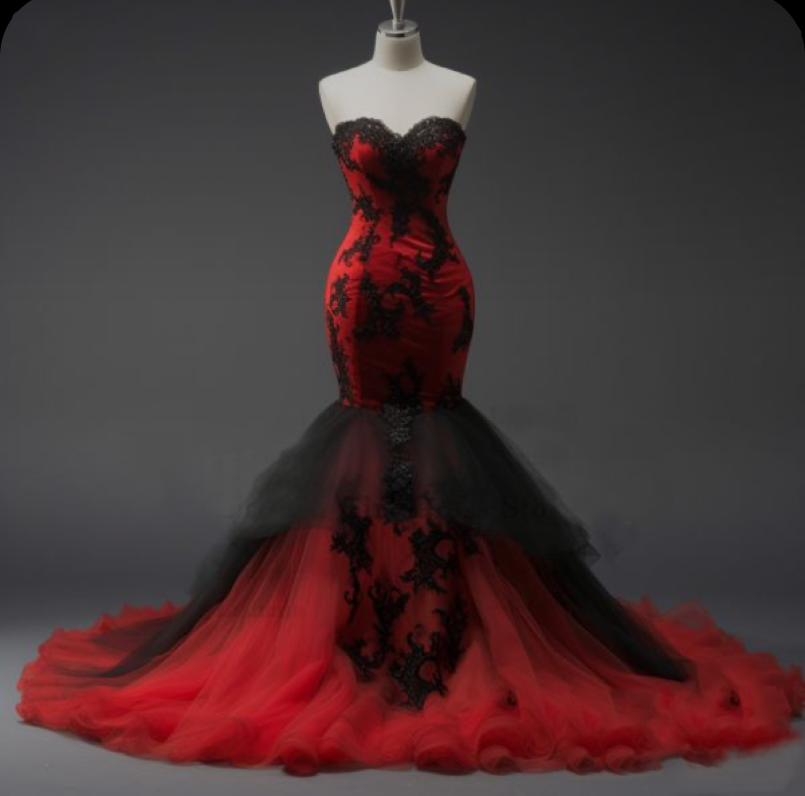 Gothic Black Red Mermaid Wedding Dresses Strapless Lace Appliques Bridal  Gowns