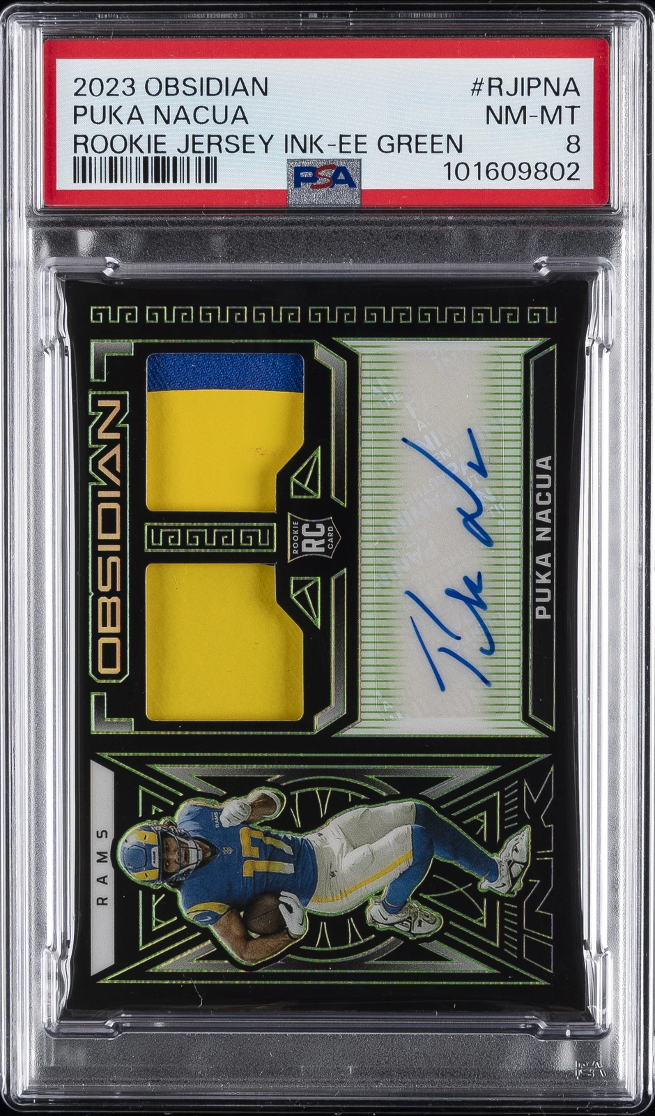 Puka Nacua Panini Obsidian Rookie Jersey Ink #RJIPNA Electric Etch Green