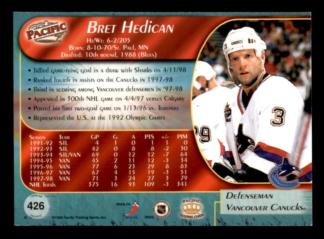 1998-99 Pacific Hockey Red #426 Bret Hedican Vancouver