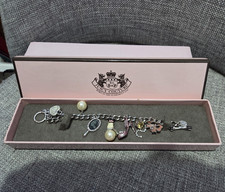 Juicy Couture Silver Tone Cable Chain Charm Bracelet Faux Pearls Toggle Signed