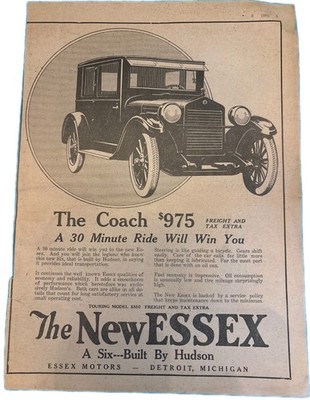 1924 Essex Coach Hudson Six Automobile Print Ad Detroit Motors Vintage Original