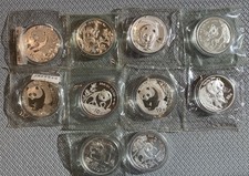 💥CHINA SILVER PANDA 1 oz 10 YUAN GROUP 10 COINS: 2004; 1991; 2001; 2003....⭐⭐