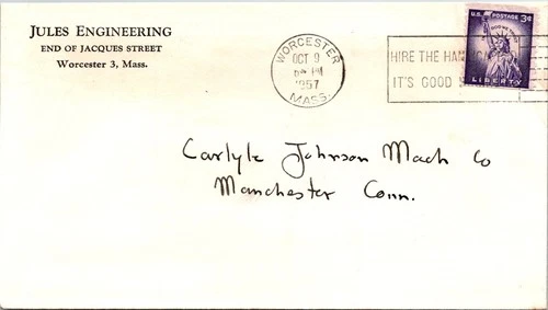 GOLDPATH: US advertising cover 1957 Jules Engineering from Worcester M CV074_P14