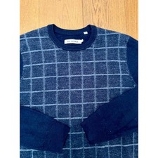 Ben Sherman Men M 100 Wool Crewneck Sweater Blue Grid Union Jack British Mod M