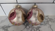 M&S Plum & Gold Beaded Peacock Glass Bronze Baubles X2 Christmas Decorations
