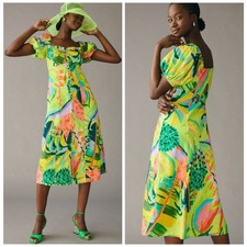 Farm Rio Anthropologie Puff Sleeve Linen Blend Midi Dress | Green Multi | 1X