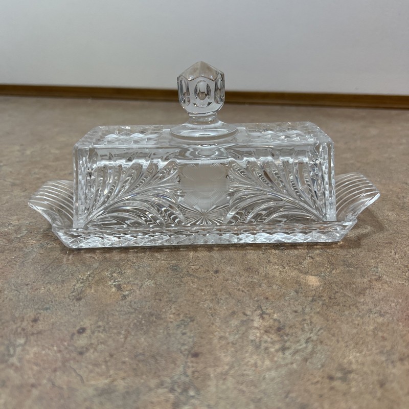 Vintage Cut Crystal Butter Dish Clear Glass Covered 