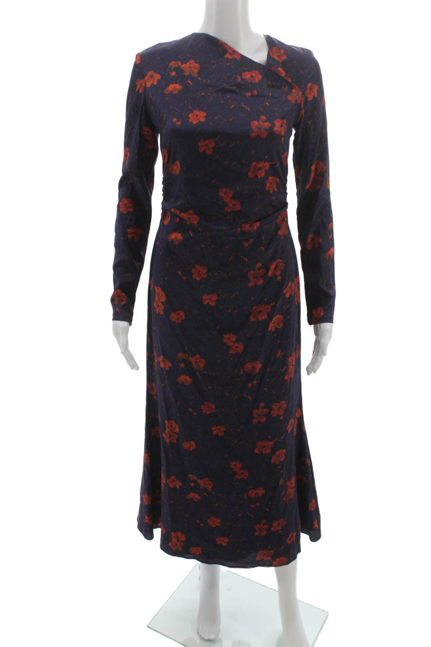 Rachel Comey Women Maxi Dress Dark Blue Floral Long Sleeve Polyester Size 4Free Shipping in US $100+ Orders | $6.95 Orders Below