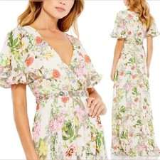 Mac Duggal Ivory Floral Print Faux Wrap Flutter Sleeve A Line Gown Size 4 $498