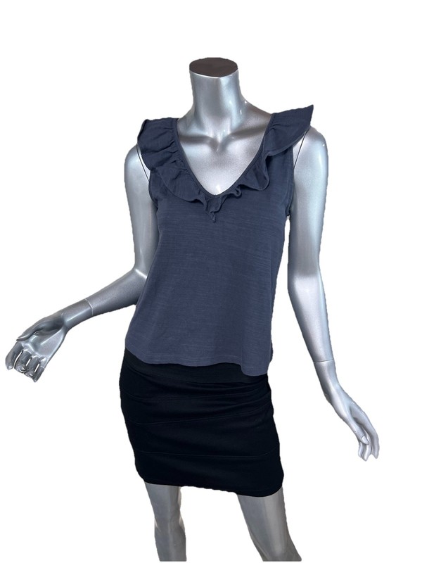 LOFT Women’s Small Blue Grey Cotton V Neck Ruffle Tank Top Blouse