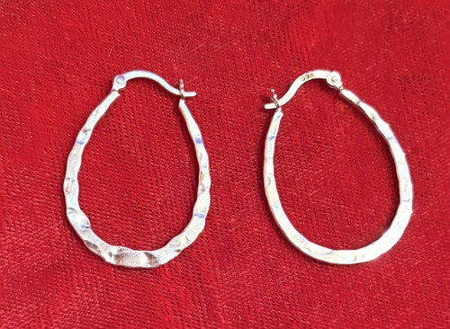 Polished Hammered Sterling Silver 925 Classic Hoop Latch Earrings 1.25”