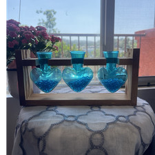 Blue Heart-Shaped Glass Flower Vase Set with Wooden Stand, Modern Trio