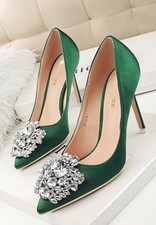 Women Faux Silk Satin Rhinestone Shallow High Heel Pumps Stiletto Wedding Shoes