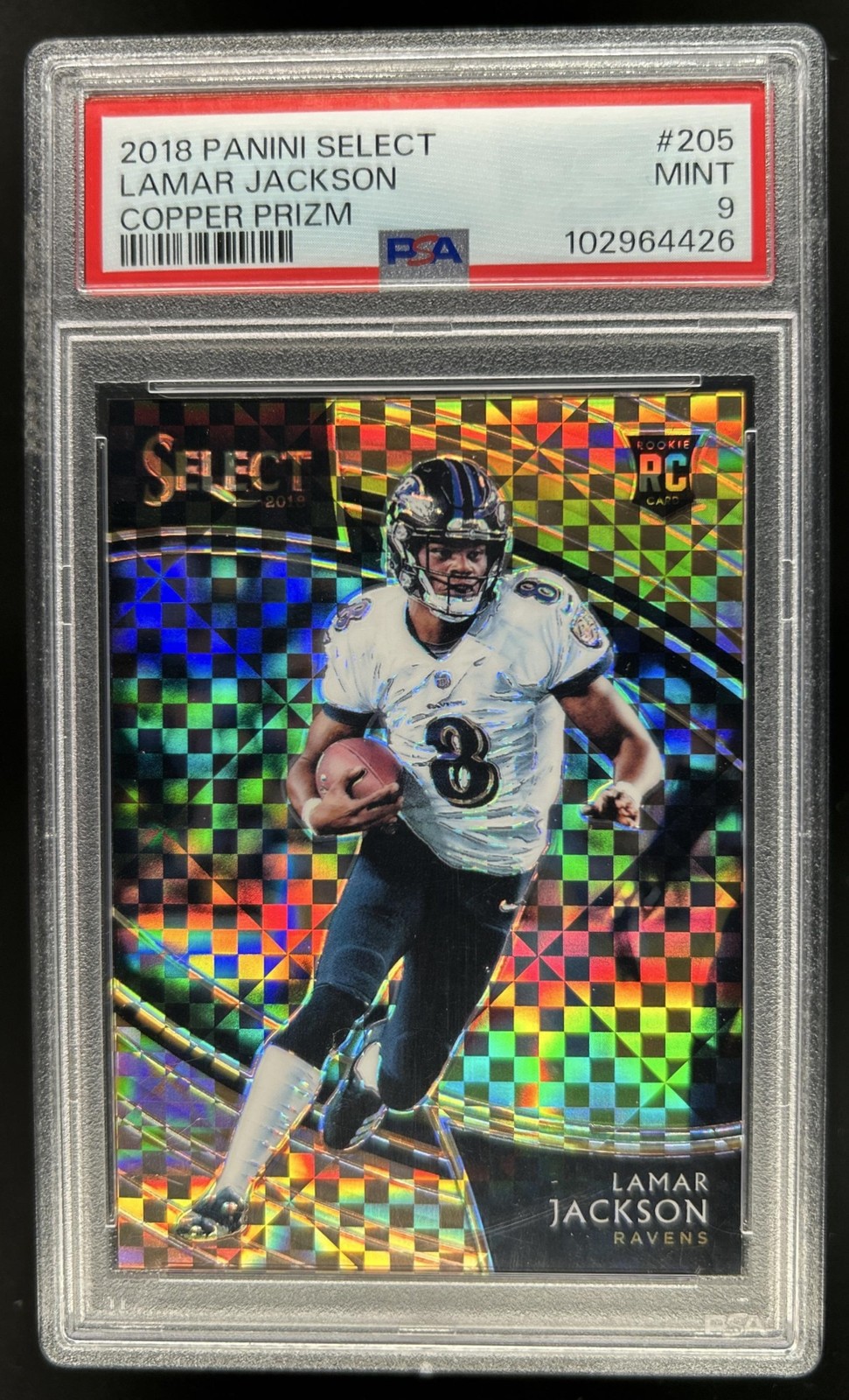 2018 Panini Select Lamar Jackson Copper Prizm Field Level RC #/75 Ravens PSA 9