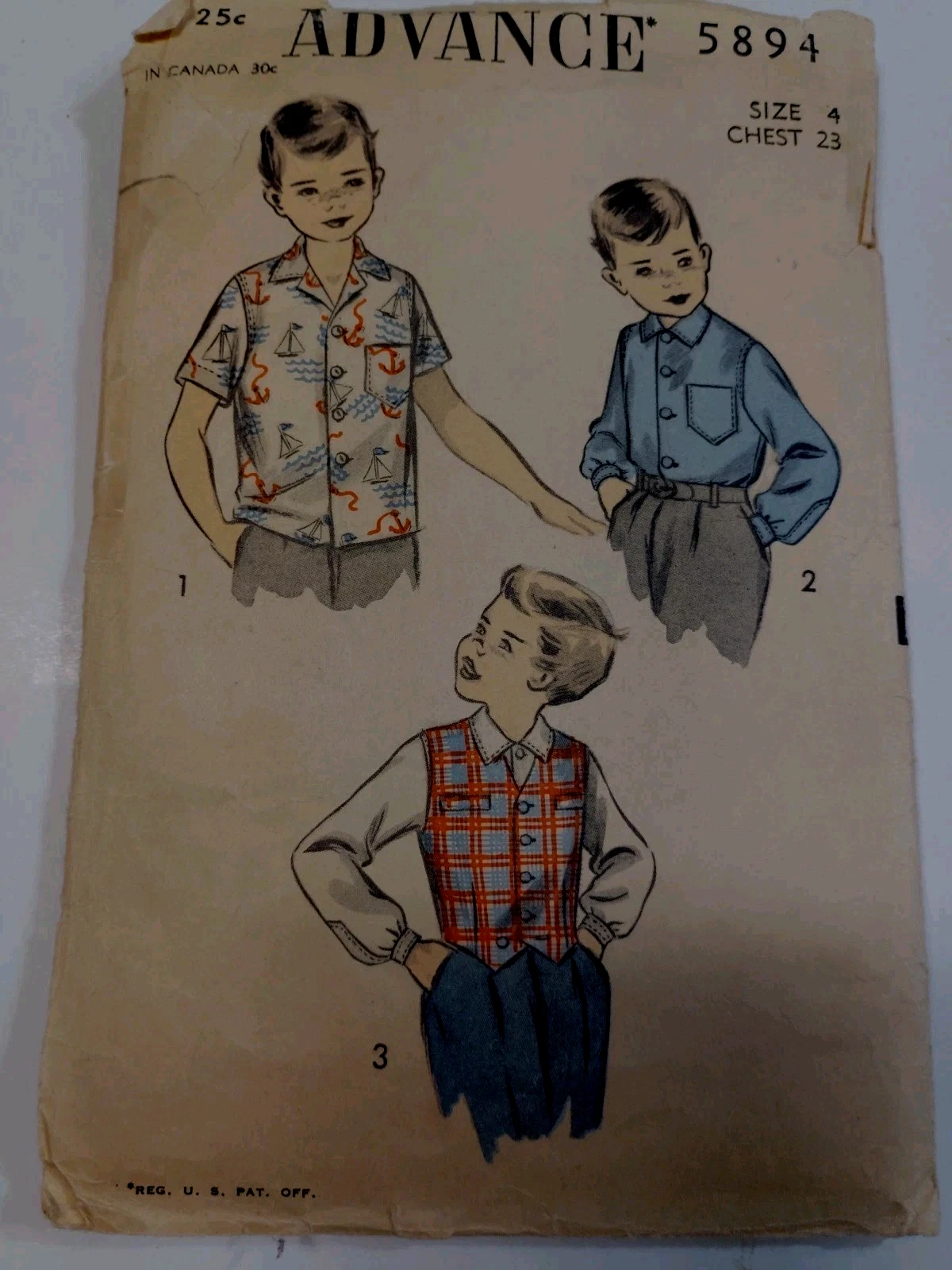 Advance 5894 Shirt Vest Sewing Pattern Boys 4 VTG Cut Button Short Long Sleeve