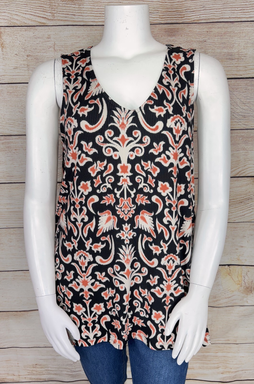 Jules & Leopold Women's 1X Ribbed Orange White Black Knit Ikat Tunic Tank EUC