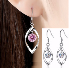 Women 925 Sterling Silver CZ Pink Teardrop Long Drop Dangle Earrings Gift D25