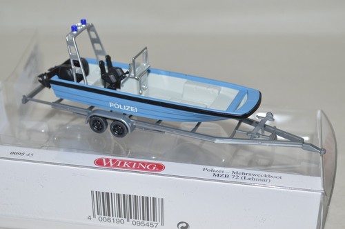 Barco de policía Lehmar 72 Wiking 009545 MZB escala HO 1/87 con remolque | Zustand: New