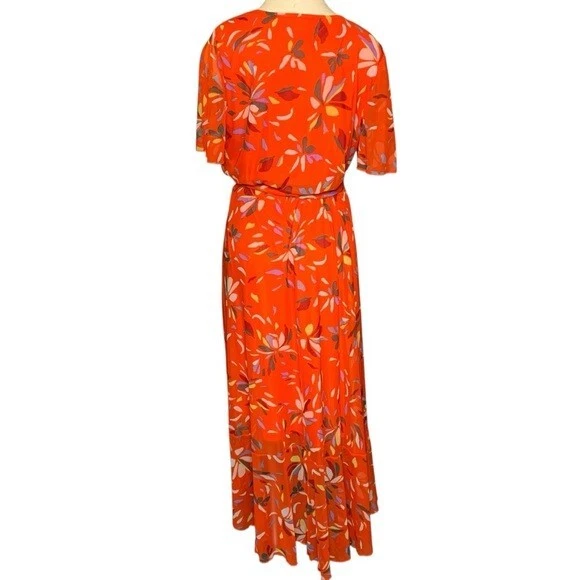 Floral Sheer Mesh Wrap Dress Coral Red Ruffle Hi-Low Sundress Party Wedding  XL Foto 4 de 4