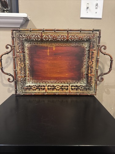 Vintage Asian Inspired Metal Serving Tray Bombay & Co (?) Birch Lane (?) w/ Feet