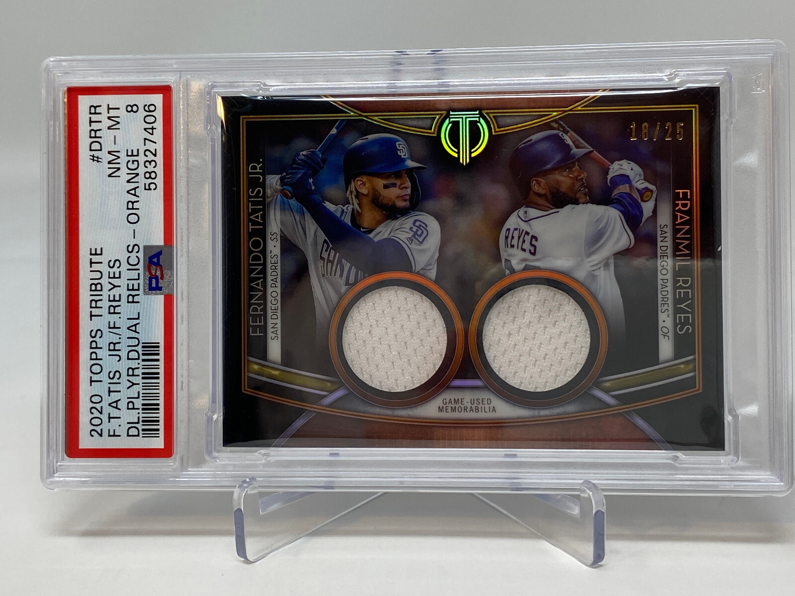 2020 Topps Tribute Dual Relic ORANGE Serial #18/25  Fernando Tatis Jr. PSA 8 view 9