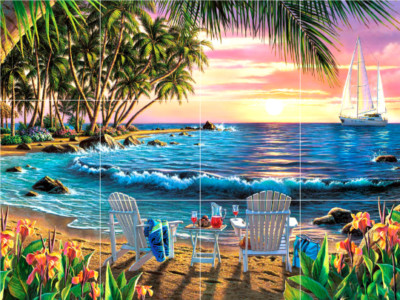 ocean view seascape tropical beach sunset sailboat ceramic tile mural backsplash