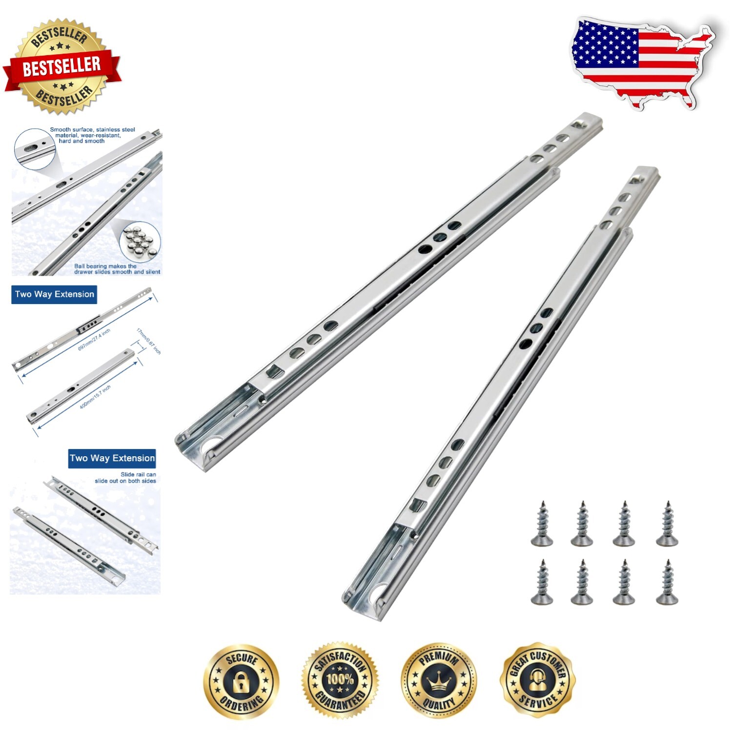 Durable 15.7'' Dual Direction Drawer Slides with Zinc Plated Finish - 12 Pack-image