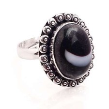 Silver Plated Adjustable Handmade Ring For Women Black Agate Gemstone R-574