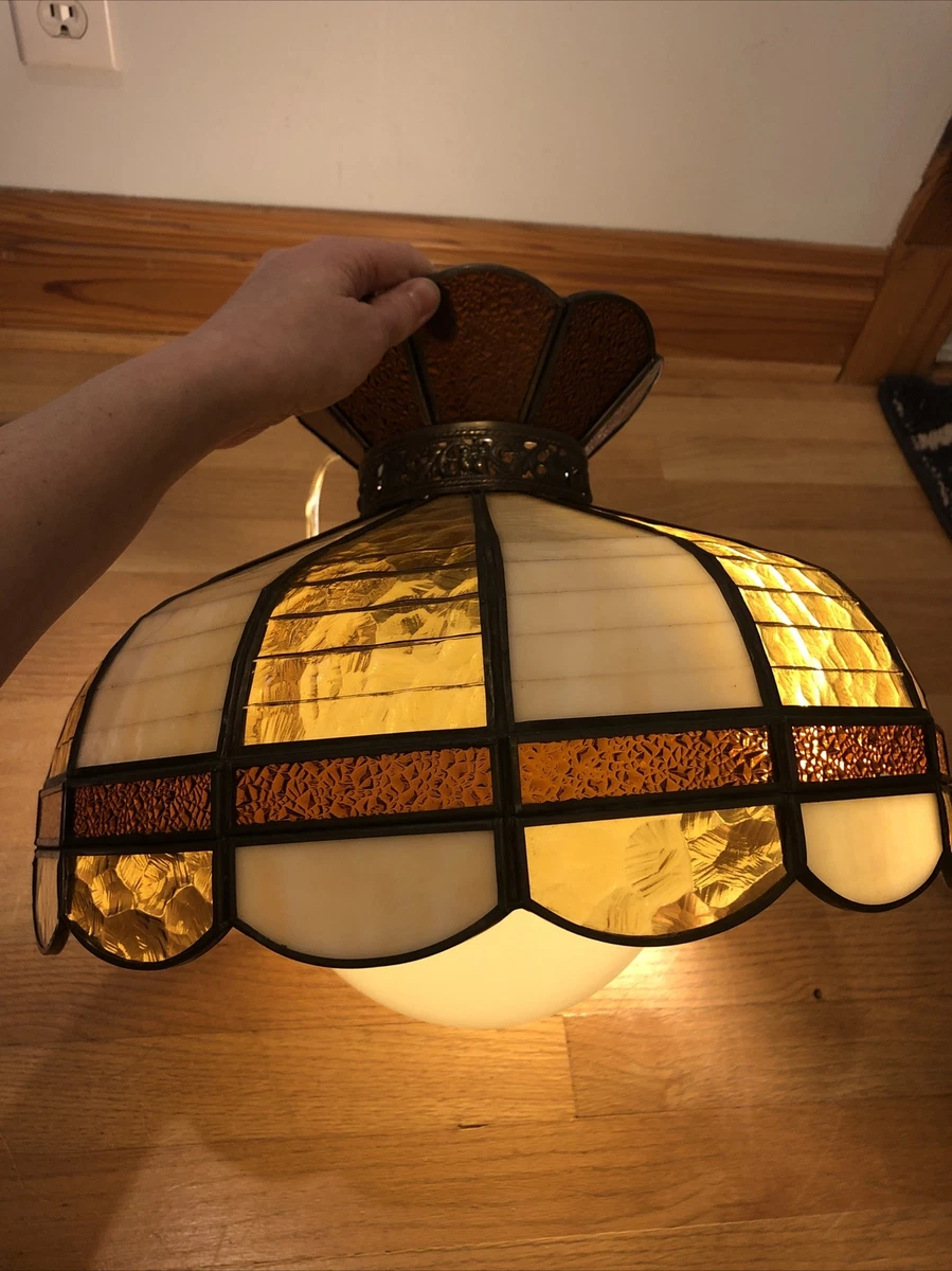 Vintage MCM Stained Glass Hanging Swag Light Lamp Chandelier globe 1960s Slag