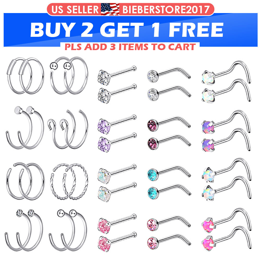 40PCS Tiny Nose Ring L Bend Bone Studs Septum Lip Tragus Daith