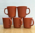 5 Vintage PYREX CORNING WARE BURNT ORANGE COFFEE CUPS D Handle Milk Glass Brown