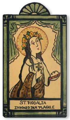 ST ROSALIA INVOKED AGAINST PLAGUE PANDEMIC HANDCRAFTED WOOD POCKET RETABLO 137