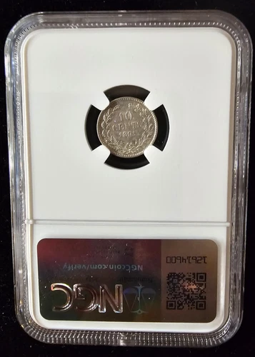 1895 Netherlands 10 Cents NGC AU 58 Key Wilhelmina Silver Coin - Picture 2 of 2