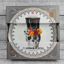 4x Harvest Green Studio Halloween Skull Top Hat Roses Dinner Plates Set Gold Rim