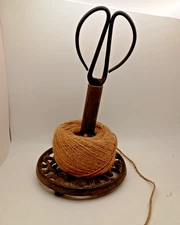 Vtg Cast Iron Twine Holder With Scissors and Twine